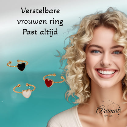 Verstelbare RVS Ring met Emaille Hartje - Goudkleur (8,5 mm)