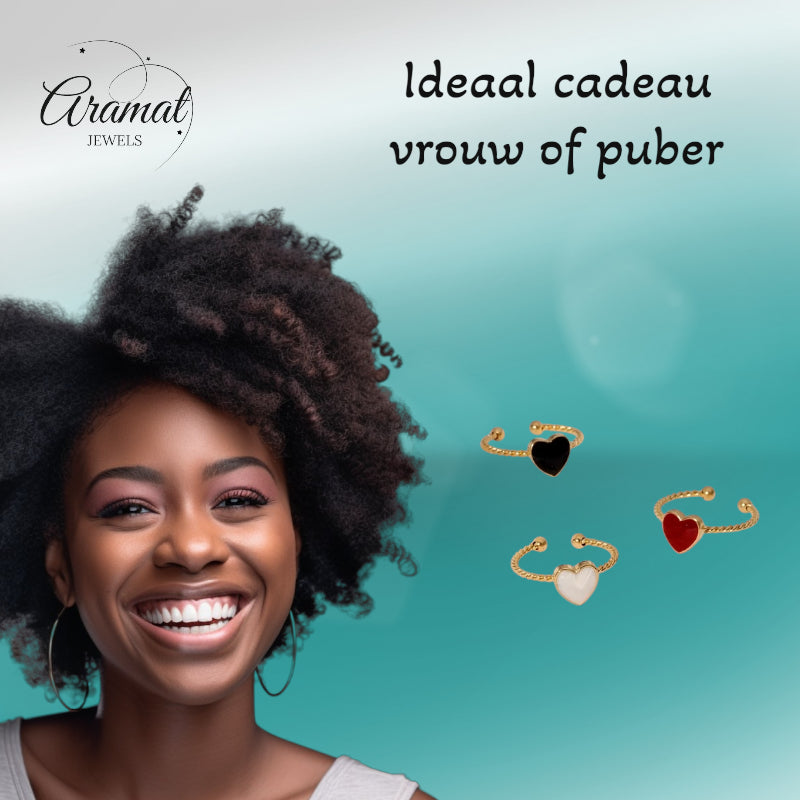 Verstelbare RVS Ring met Emaille Hartje - Goudkleur (8,5 mm)