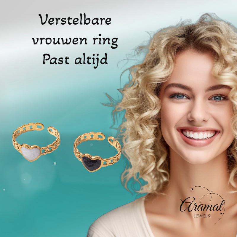 Verstelbare RVS Ring met Emaille Hartje - Goudkleur (8 mm)