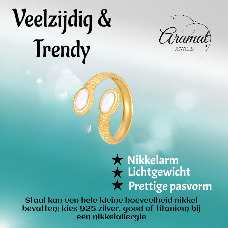 Verstelbare RVS Ring met Parelwitte Emaille Ovalen - Goudkleur (15 mm)
