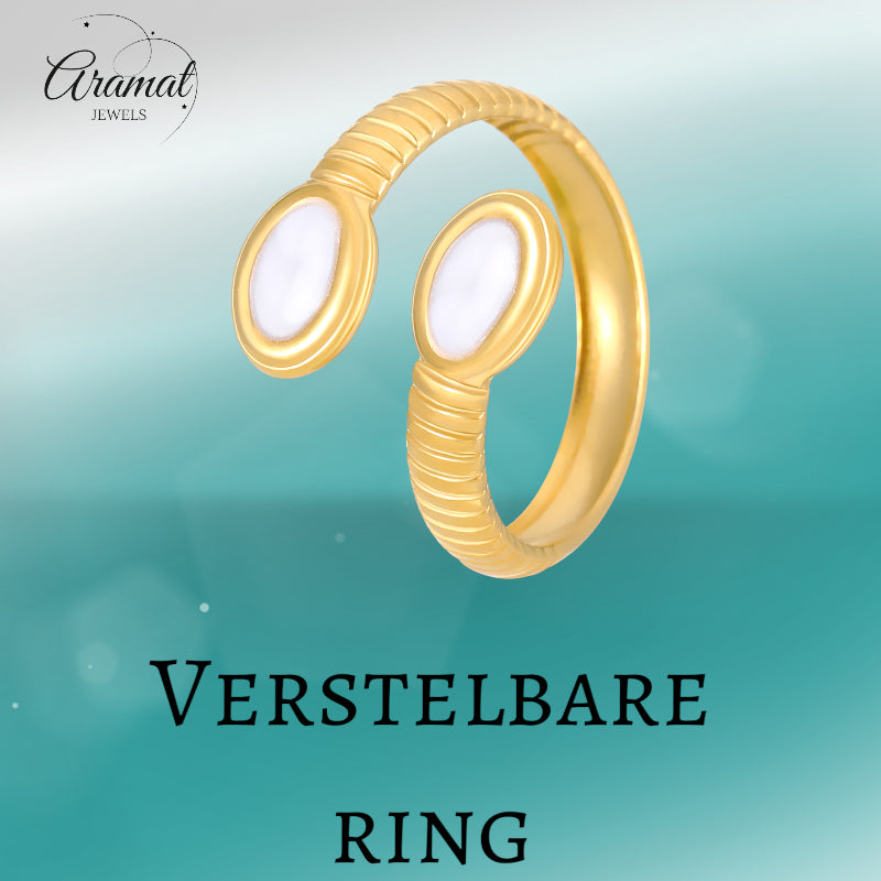 Verstelbare RVS Ring met Parelwitte Emaille Ovalen - Goudkleur (15 mm)