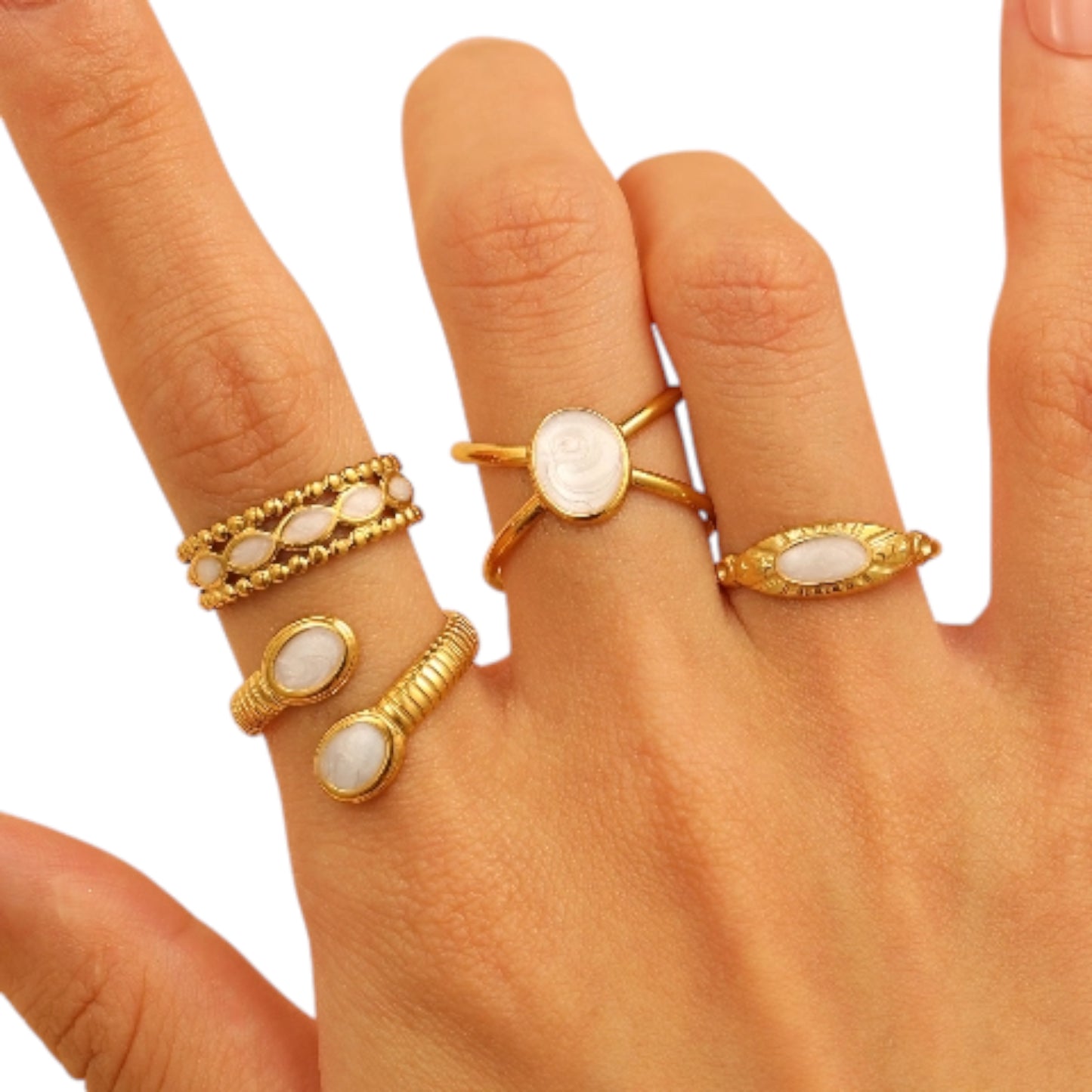 Verstelbare RVS Ring met Parelwitte Emaille Ovalen - Goudkleur (15 mm)