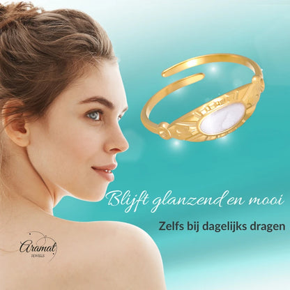 Goudkleurige Verstelbare RVS Ring met Parelmoer Wit Emaille - 6 mm