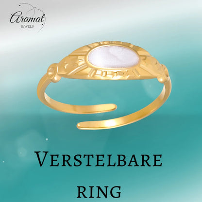 Goudkleurige Verstelbare RVS Ring met Parelmoer Wit Emaille - 6 mm