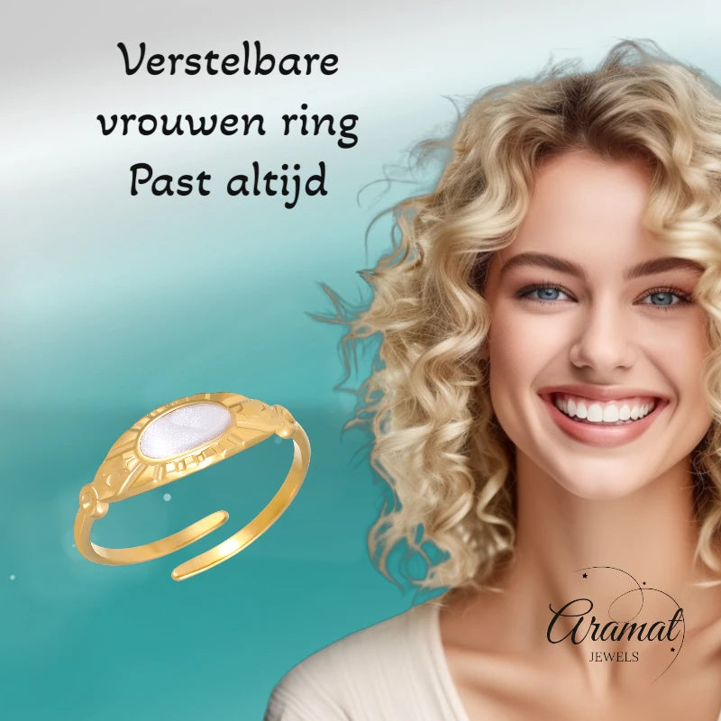 Goudkleurige Verstelbare RVS Ring met Parelmoer Wit Emaille - 6 mm
