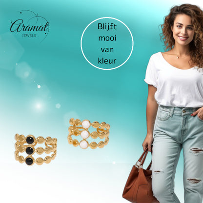 Brede Verstelbare Ring met 3 Emaille Cirkels - Goudkleurig RVS