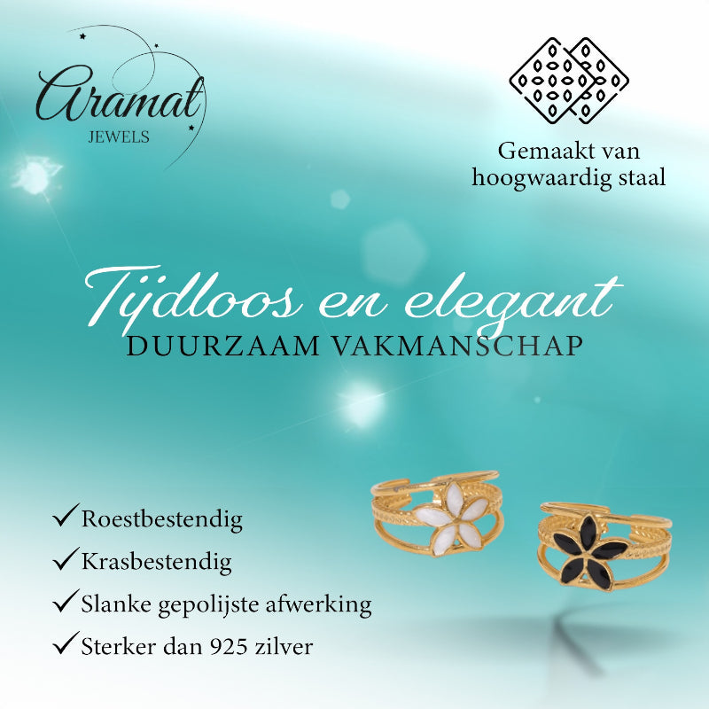 Goudkleurige Verstelbare Ring met Emaille Bloem - Triple Design (12 mm)