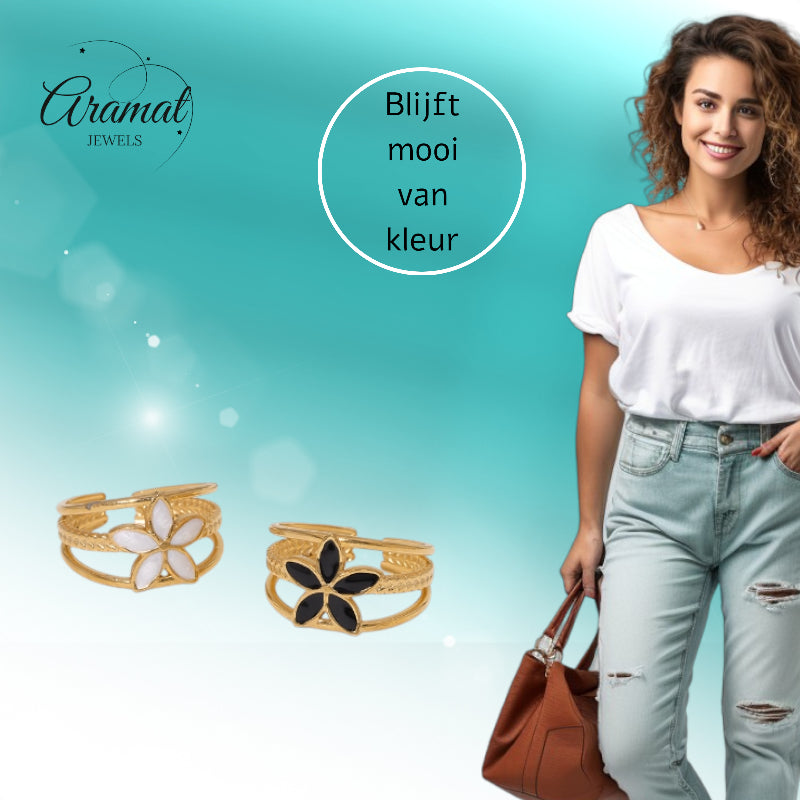 Goudkleurige Verstelbare Ring met Emaille Bloem - Triple Design (12 mm)