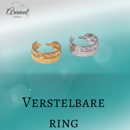 Verstelbare RVS Ring met Veertje Motief - Goudkleur of Zilver (8 mm)