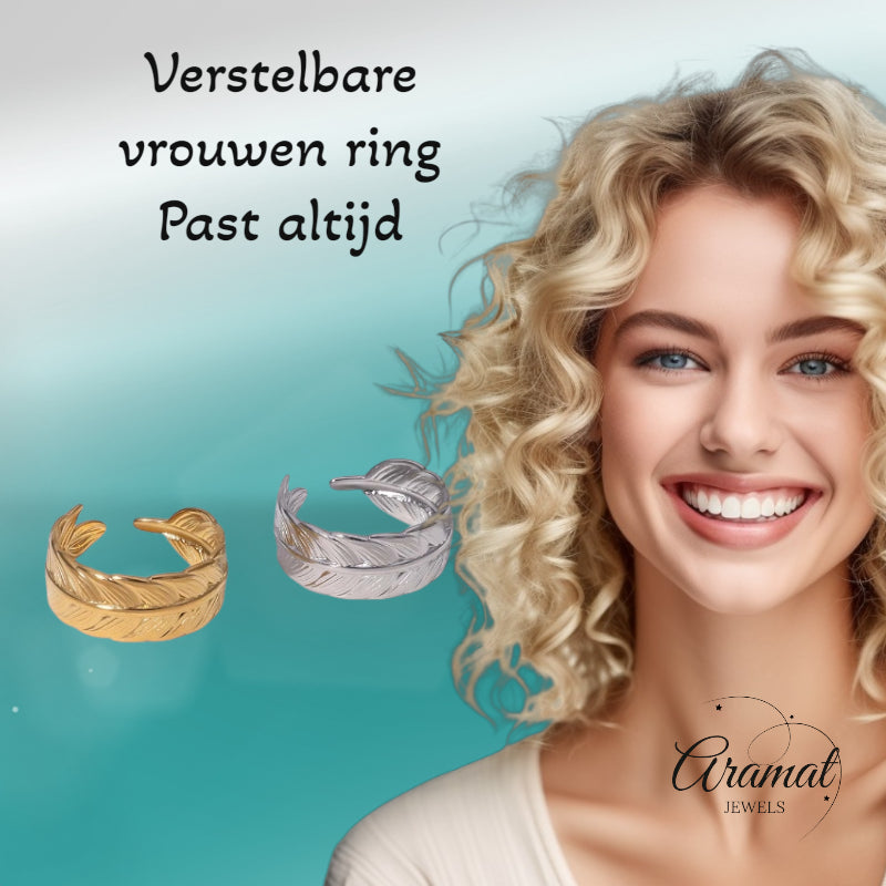Verstelbare RVS Ring met Veertje Motief - Goudkleur of Zilver (8 mm)