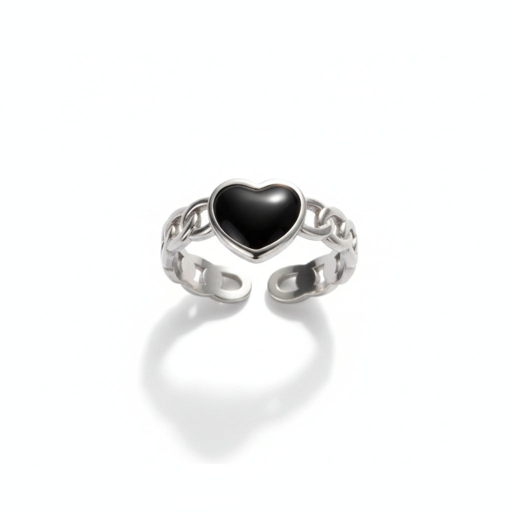 Verstelbare RVS Ring met Zwart Emaille Hartje - Zilverkleur (8 mm)