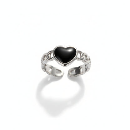 Verstelbare RVS Ring met Zwart Emaille Hartje - Zilverkleur (8 mm)