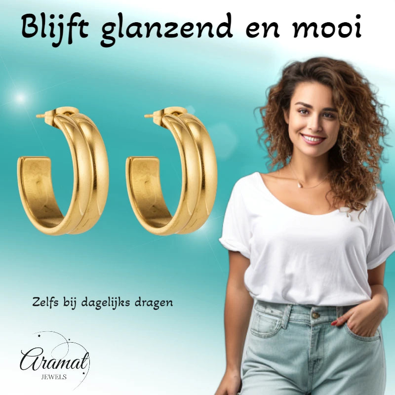 Oorbellen – 23mm Half-Hoop 2 Strepen RVS Goudkleur Dames