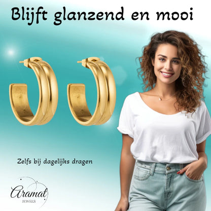 Oorbellen – 23mm Half-Hoop 2 Strepen RVS Goudkleur Dames