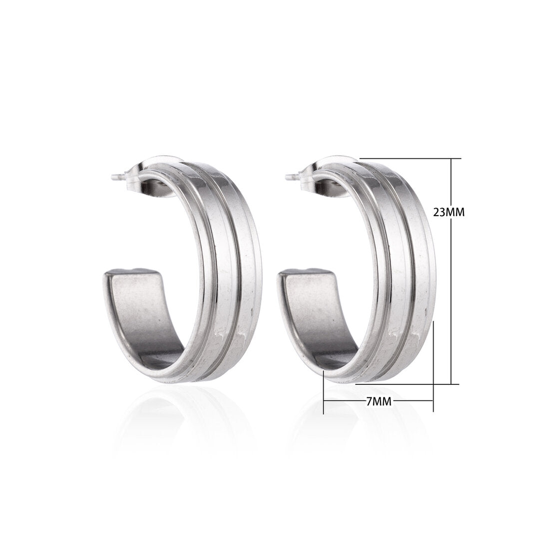 Boucles d'oreilles – Demi-créoles 23 mm, 2 rayures, acier inoxydable argenté, pour femmes 