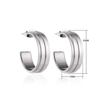 Boucles d'oreilles – Demi-créoles 23 mm, 2 rayures, acier inoxydable argenté, pour femmes 