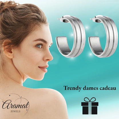 Boucles d'oreilles – Demi-créoles 23 mm, 2 rayures, acier inoxydable argenté, pour femmes 