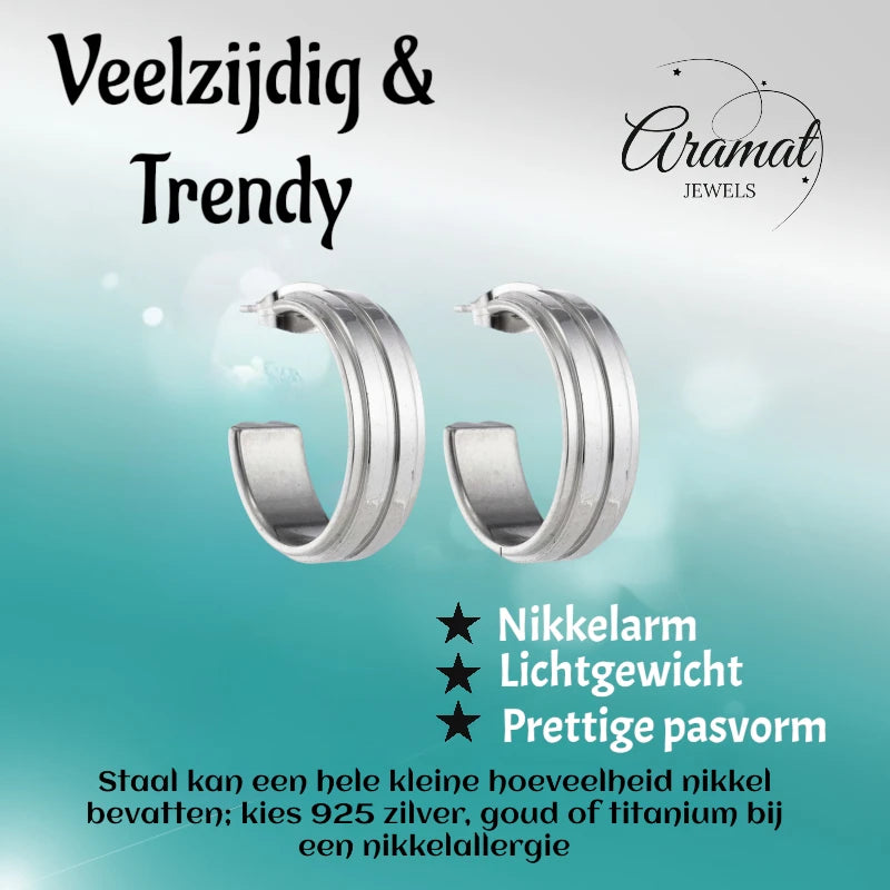 Boucles d'oreilles – Demi-créoles 23 mm, 2 rayures, acier inoxydable argenté, pour femmes 