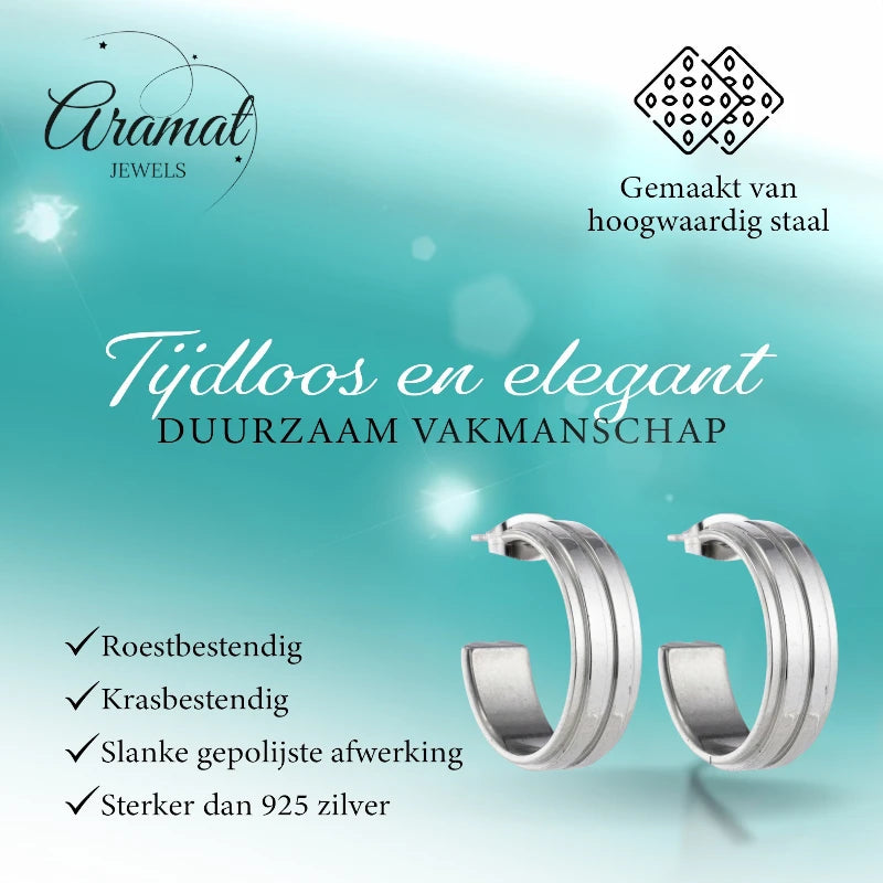 Boucles d'oreilles – Demi-créoles 23 mm, 2 rayures, acier inoxydable argenté, pour femmes 