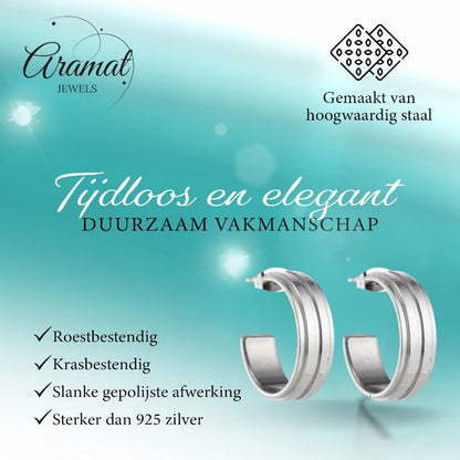 Boucles d'oreilles – Demi-créoles 23 mm, 2 rayures, acier inoxydable argenté, pour femmes 