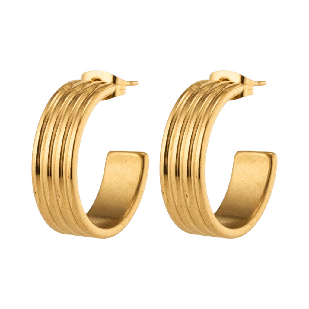 Boucles d'oreilles – Demi-créoles rayées en relief de 23 mm, en acier inoxydable doré, pour femmes 