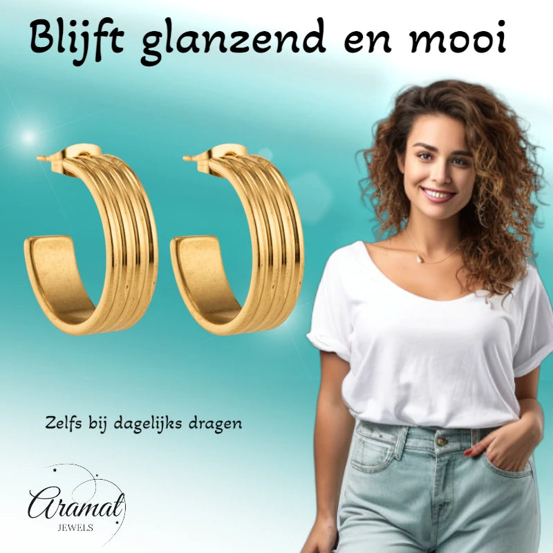 Boucles d'oreilles – Demi-créoles rayées en relief de 23 mm, en acier inoxydable doré, pour femmes 