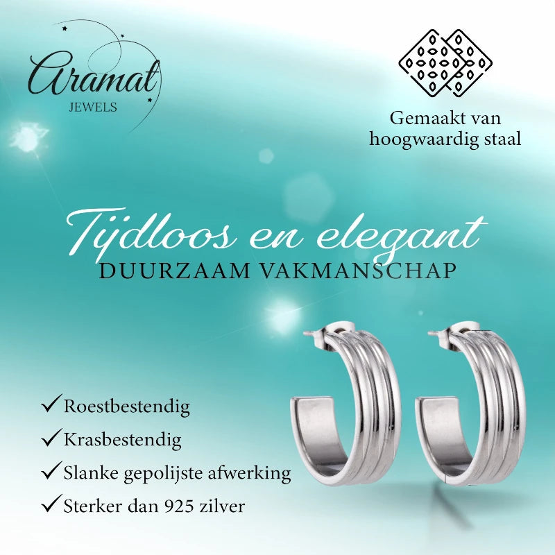 Boucles d'oreilles – Demi-anneaux rayés en relief de 23 mm sur acier inoxydable argenté 
