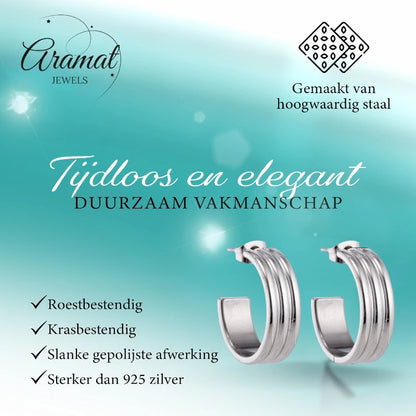 Boucles d'oreilles – Demi-anneaux rayés en relief de 23 mm sur acier inoxydable argenté 