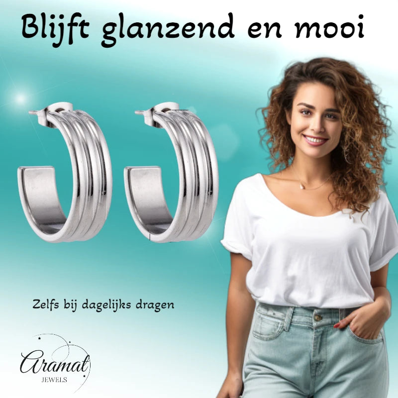 Boucles d'oreilles – Demi-anneaux rayés en relief de 23 mm sur acier inoxydable argenté 