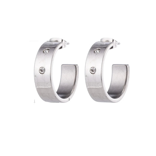 Boucles d'oreilles créoles 23 mm, 2 zirconias, acier inoxydable argenté, unisexe 