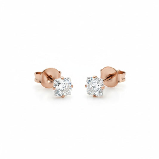 Boucles d'oreilles – Acier inoxydable couleur or rose avec zircon carré (4 mm) 
