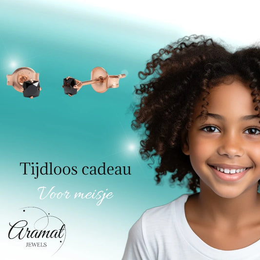 Boucles d'oreilles – Acier inoxydable couleur or rose avec zircon noir carré (3 mm) 