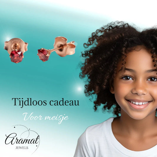 Boucles d'oreilles – Acier inoxydable couleur or rose avec zircon rouge carré (3 mm) 