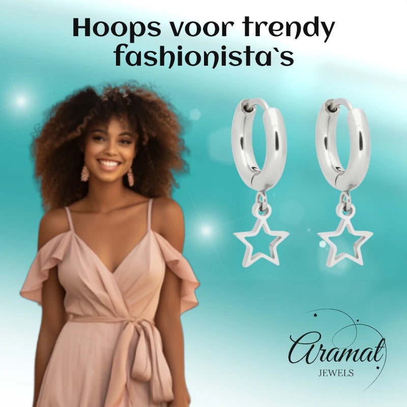 Oorringen – 10mm Mini Creolen met Open Ster Bedel RVS Zilverkleur Unisex