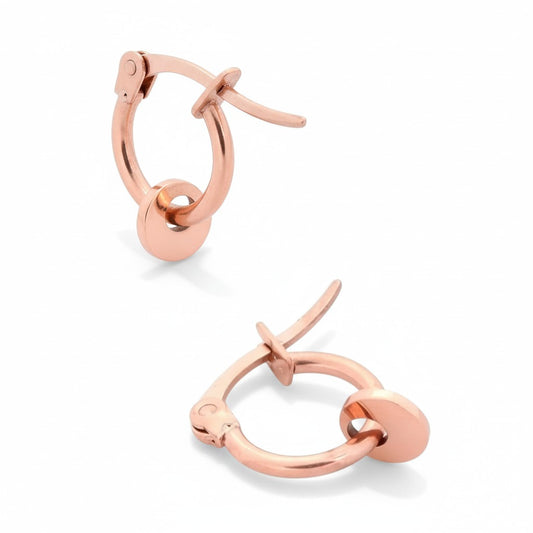 Boucles d'oreilles – Mini créoles de 10 mm avec pendentif rond en acier inoxydable rose pour femme