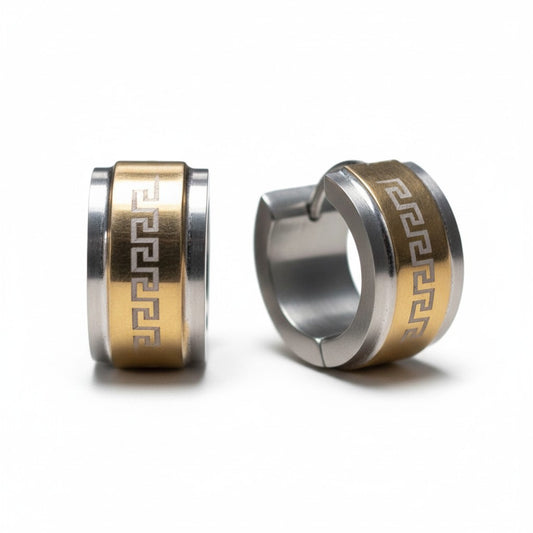 Boucles d'oreilles unisexes – Mini motif créole grec de 13 mm en acier inoxydable bicolore