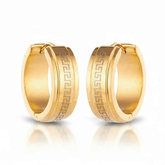 Boucles d'oreilles unisexes – 13 mm, motif créole grec miniature, acier inoxydable doré 