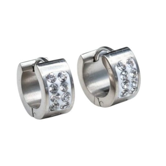 Boucles d'oreilles créoles mini Huggie en acier inoxydable, 2 rangées de cristaux, couleur argentée, 13 mm - Femme/Enfant