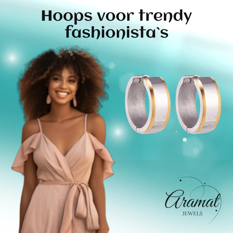 Oorringen – 20mm Bicolor Streep RVS Zilver/Goudkleur Unisex