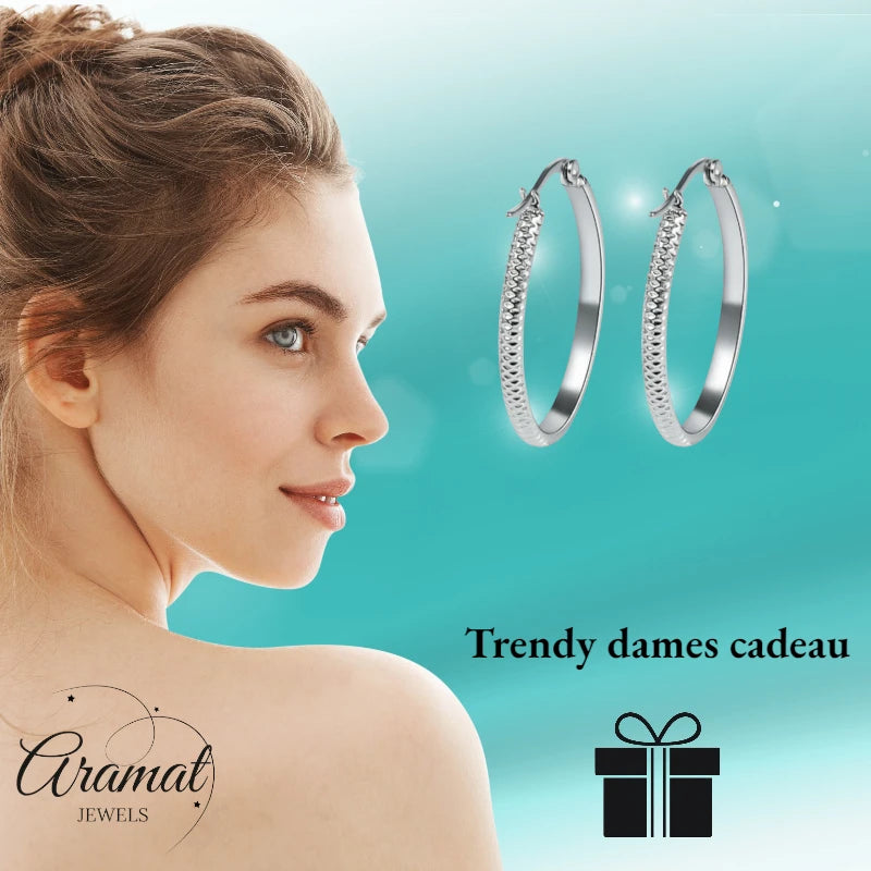 Boucles d'oreilles – 30 mm, motif à pois créoles, acier inoxydable, couleur argentée, pour femmes