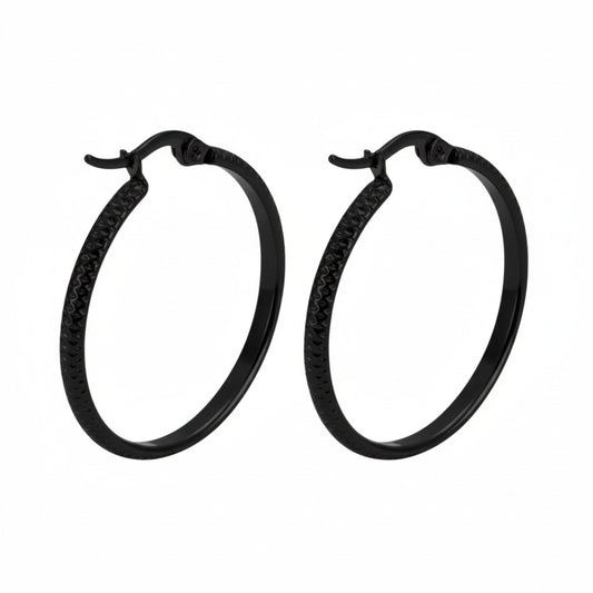 Boucles d'oreilles – 25 mm, motif à pois créoles, acier inoxydable noir, femme