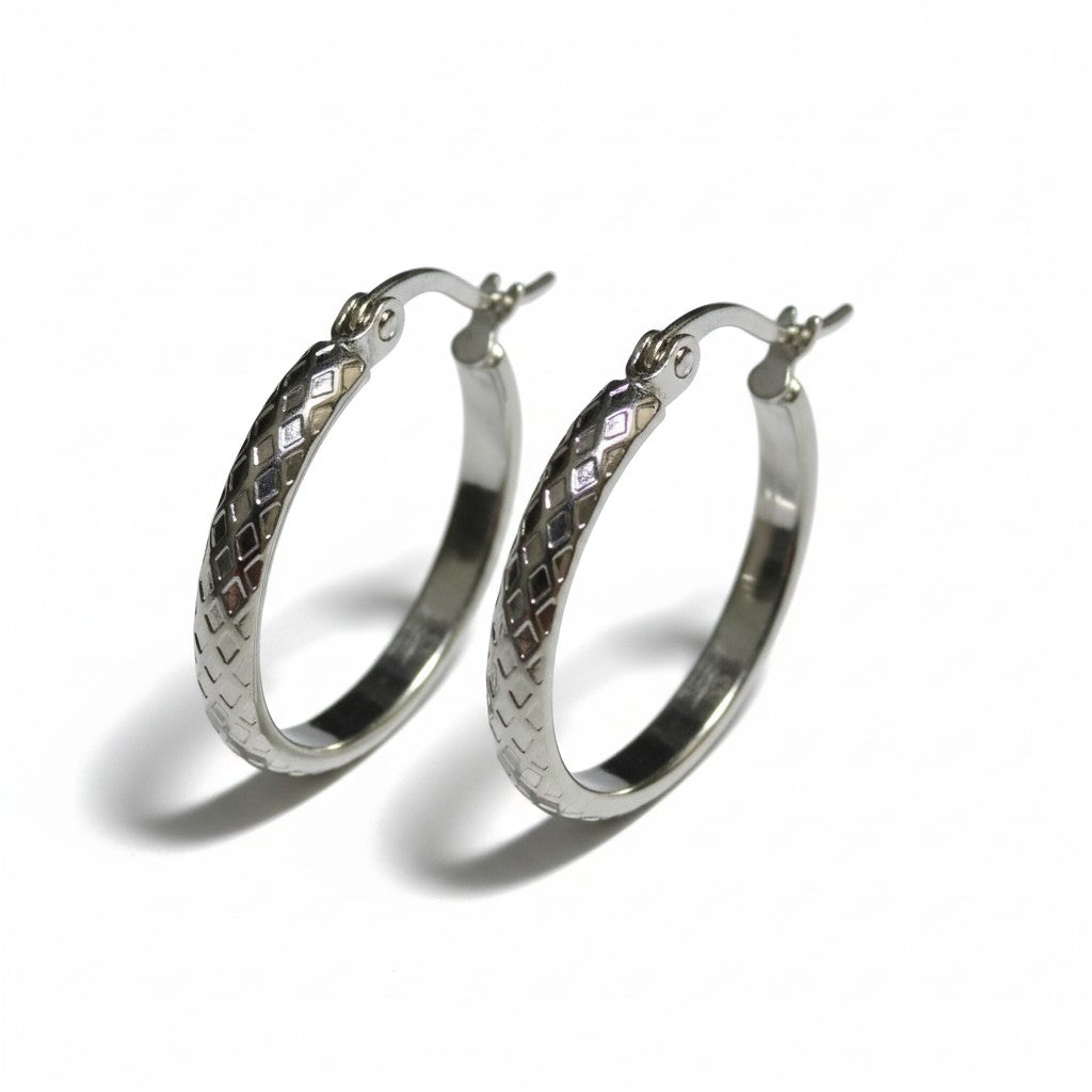 Boucles d'oreilles – 25 mm, motif à carreaux créoles, acier inoxydable, couleur argentée, pour femme