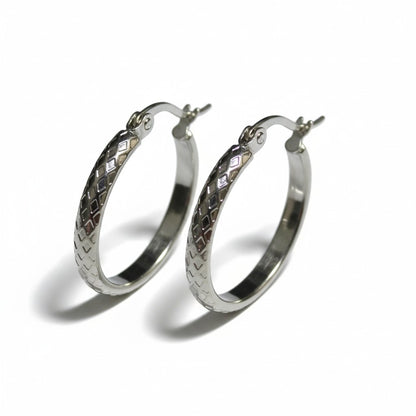 Boucles d'oreilles – 25 mm, motif à carreaux créoles, acier inoxydable, couleur argentée, pour femme