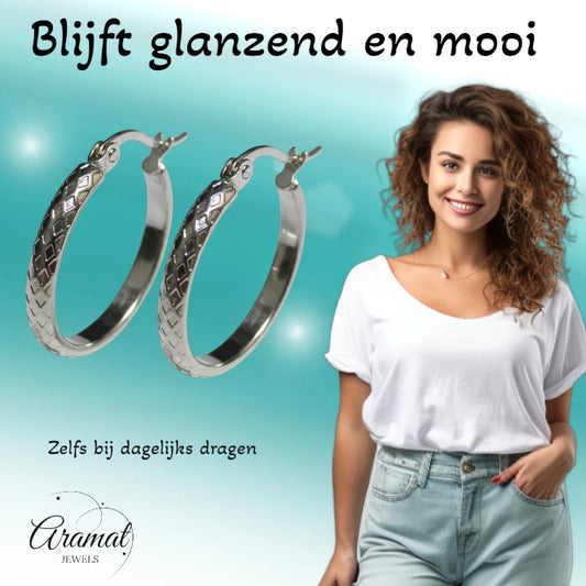 Boucles d'oreilles – 25 mm, motif à carreaux créoles, acier inoxydable, couleur argentée, pour femme