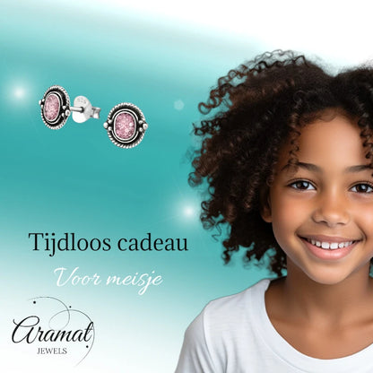 Boucles d'oreilles puces – Boucles d'oreilles ovales en argent 925 de Bali, à paillettes roses, 8 x 5 mm, oxydées