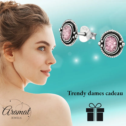 Boucles d'oreilles puces – Boucles d'oreilles ovales en argent 925 de Bali, à paillettes roses, 8 x 5 mm, oxydées