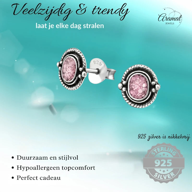 Boucles d'oreilles puces – Boucles d'oreilles ovales en argent 925 de Bali, à paillettes roses, 8 x 5 mm, oxydées