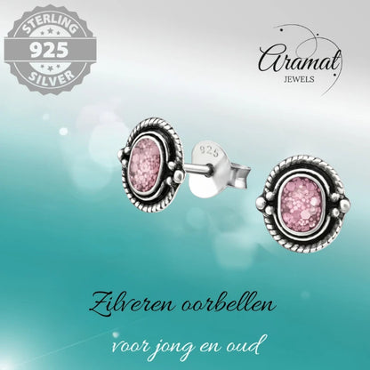 Boucles d'oreilles puces – Boucles d'oreilles ovales en argent 925 de Bali, à paillettes roses, 8 x 5 mm, oxydées