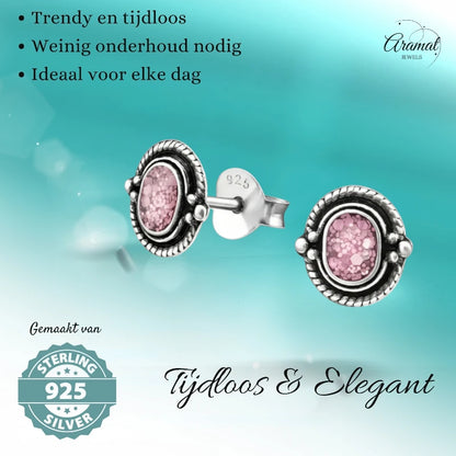 Boucles d'oreilles puces – Boucles d'oreilles ovales en argent 925 de Bali, à paillettes roses, 8 x 5 mm, oxydées
