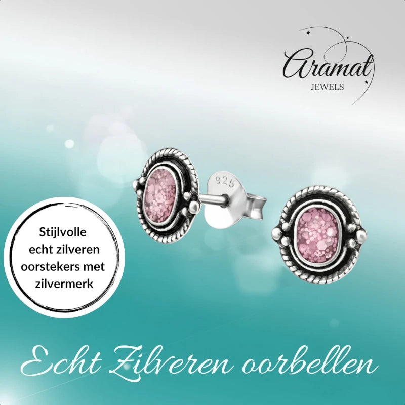 Boucles d'oreilles puces – Boucles d'oreilles ovales en argent 925 de Bali, à paillettes roses, 8 x 5 mm, oxydées
